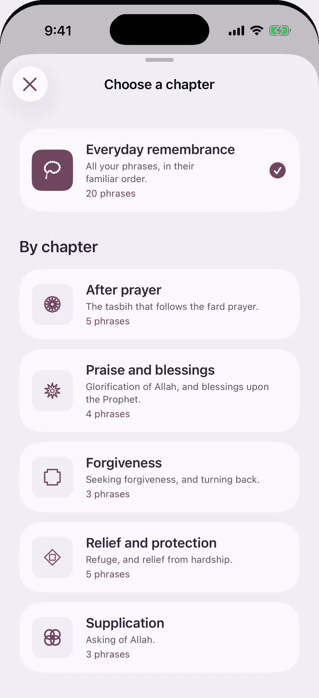 Choosing a chapter: everyday remembrance, after prayer, praise and blessings, forgiveness