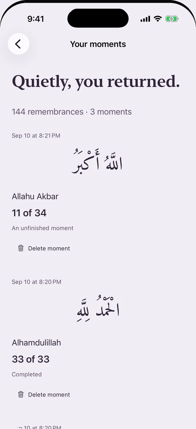 History of past moments with their counts