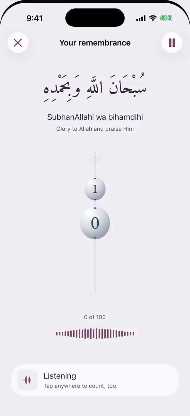 A counting session: the phrase, a strand of beads and a listening indicator